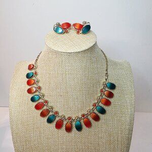 Vtg Pakula Green Orange Tones Thermoset Lucite Necklace and Clip-On Earrings Set